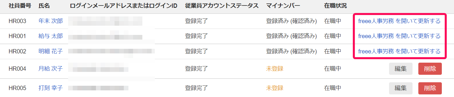 freee人事労務を開いて更新するのリンクを指し示すスクリーンショット