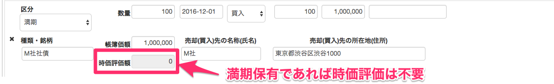 有価証券の内訳書の編集画面の時価評価額を指し示しているスクリーンショット