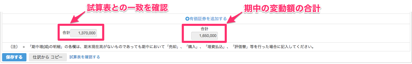 有価証券の内訳書の編集画面の合計金額を指し示しているスクリーンショット