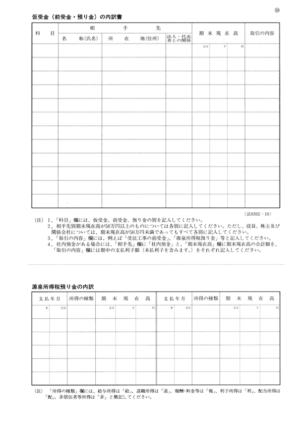 「仮受金（前受金・預り金）の内訳書」及び「源泉所得税預り金の内訳」のスクリーンショット