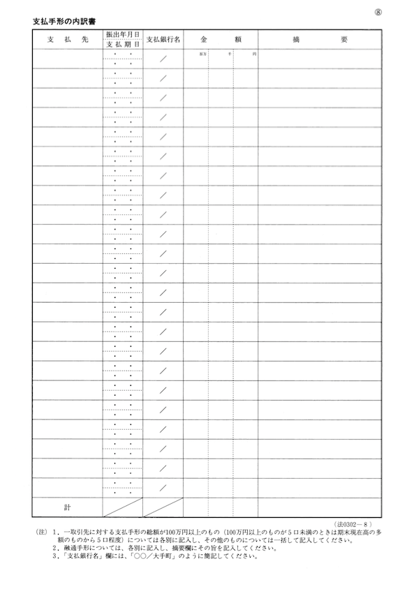 支払手形の内訳書のスクリーンショット