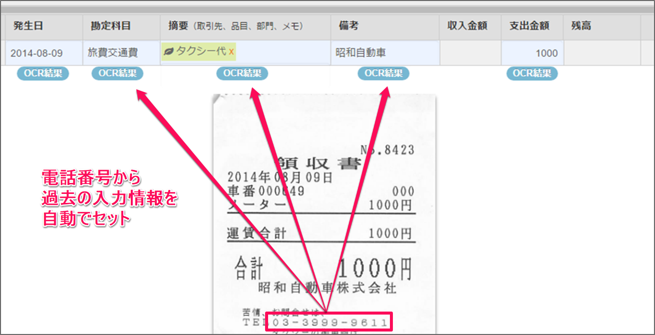 連続取引登録画面でレシートでOCR結果が表示されているスクリーンショット