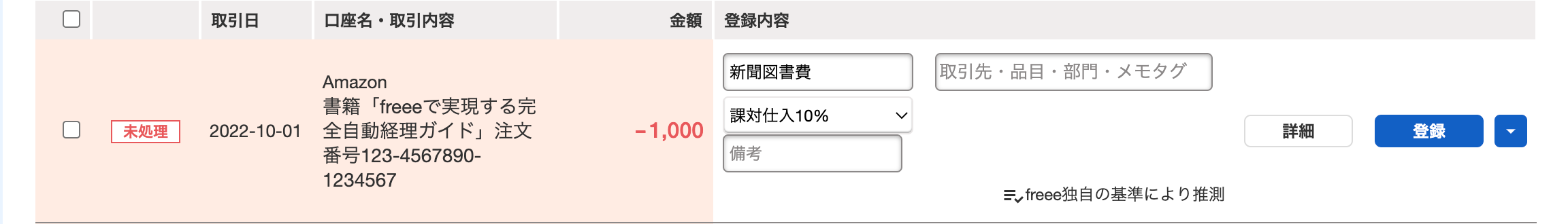 「自動で経理」画面にて、取り込まれたAmazonの明細例を表示しているスクリーンショット