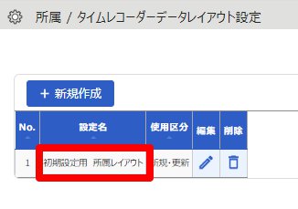 所属 / タイムレコーダーデータレイアウト設定画面で「初期設定用の所属レイアウト」を指し示しているスクリーンショット