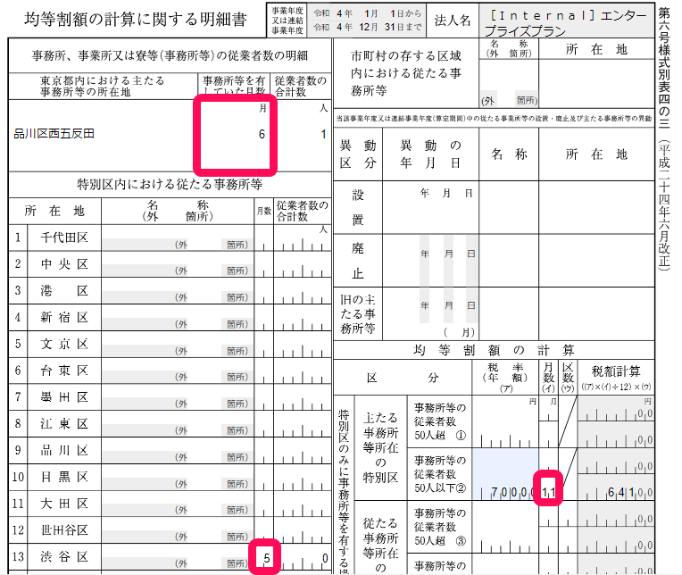 均等割額の計算に関する明細書の事業所を有していた月数を指し示しているスクリーンショット