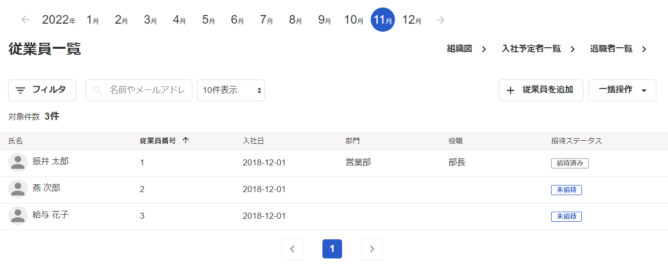 freee人事労務の従業員一覧画面のスクリーンショット
