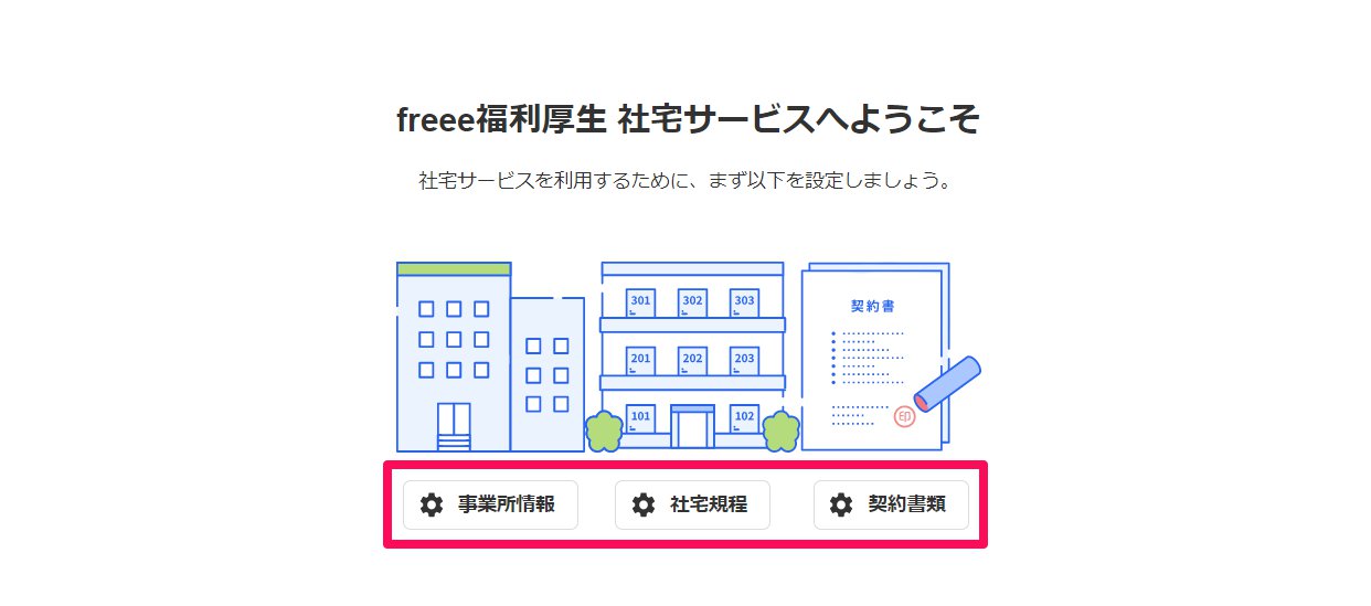 ホーム画面の［事業所情報］［社宅規程］［契約書類］ボタンを指し示しているスクリーンショット