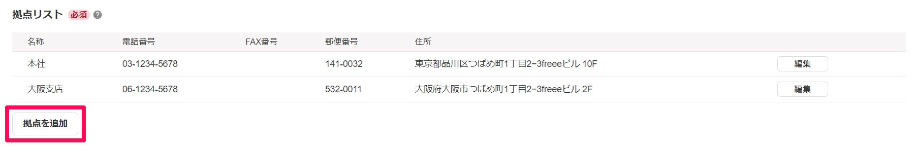 拠点リスト項目の［拠点を追加］ボタンを指し示しているスクリーンショット