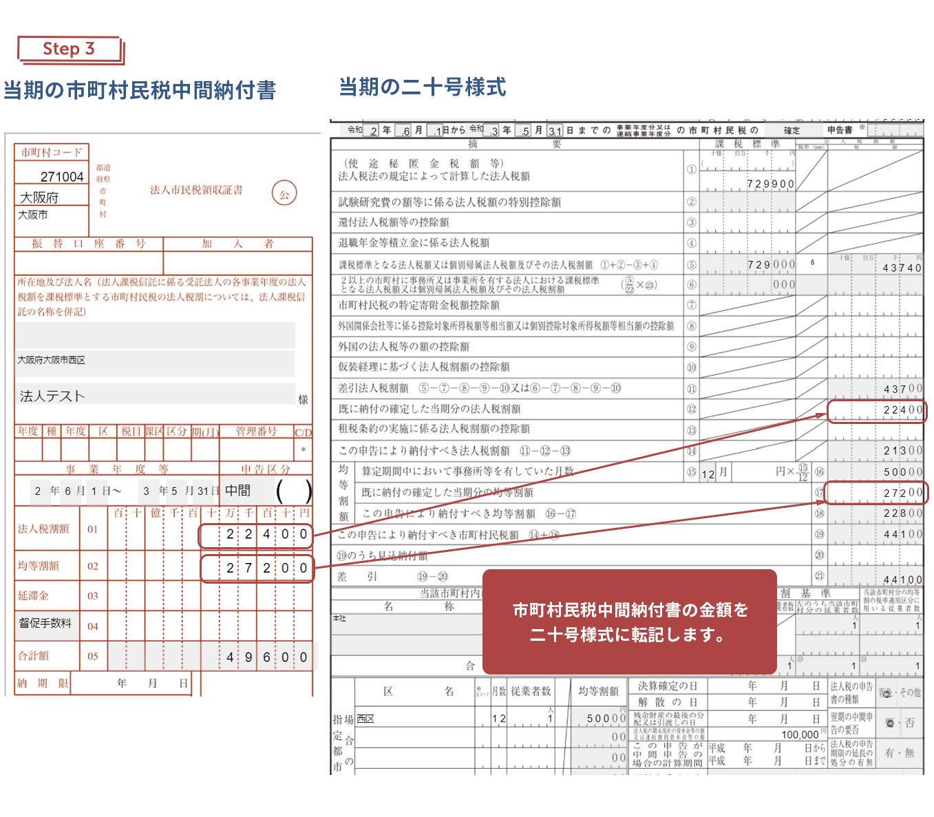 当期の二十号様式のスクリーンショット