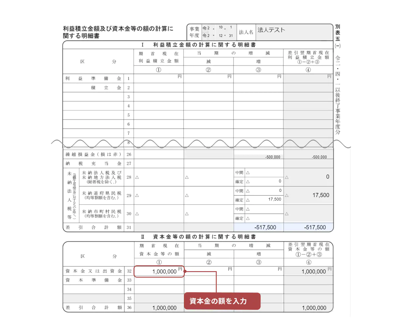利益積立金額及び資本金等の額の計算に関する明細書画像の区分32の①の入力欄を指し示しているスクリーンショット