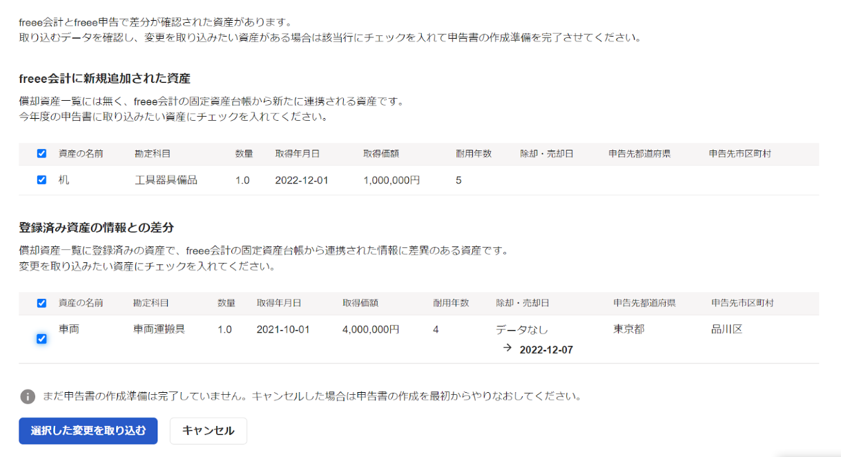 freee会計に新規追加された資産と登録済み資産の情報が表示された画面のスクリーンショット