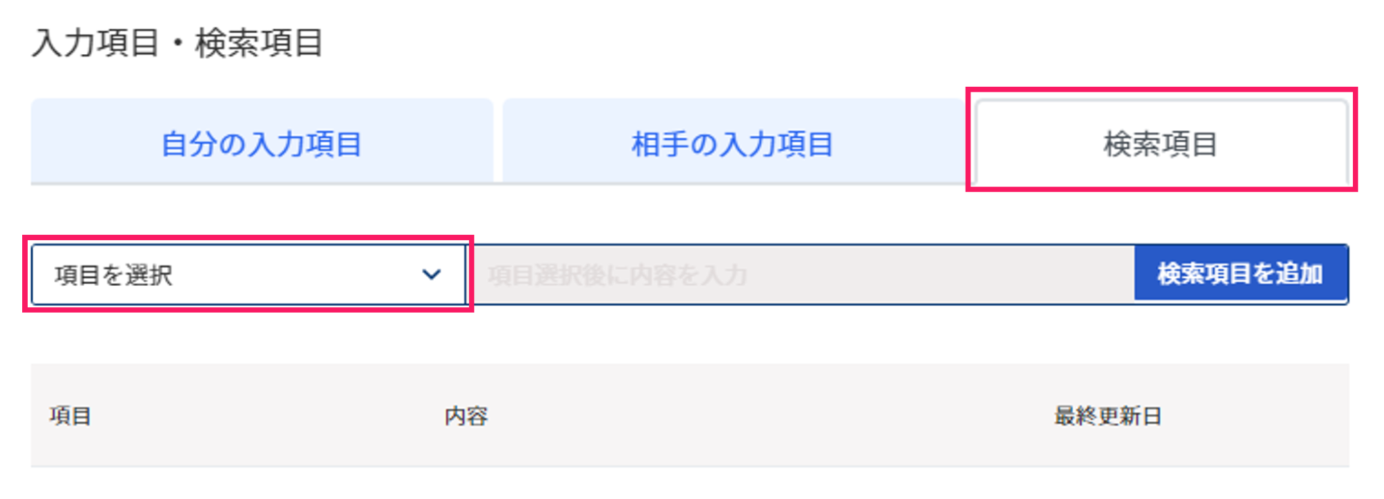 入力項目・検索項目画面の検索項目タブで［項目を選択］のプルダウンメニューを指し示しているスクリーンショット