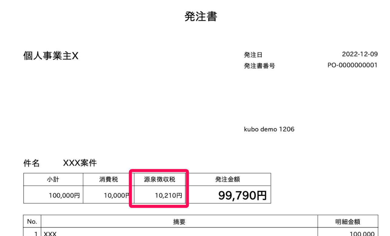 発注書の源泉所得税欄を指し示すスクリーンショット