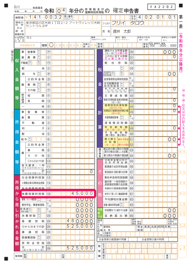 確定申告書第一表のスクリーンショット