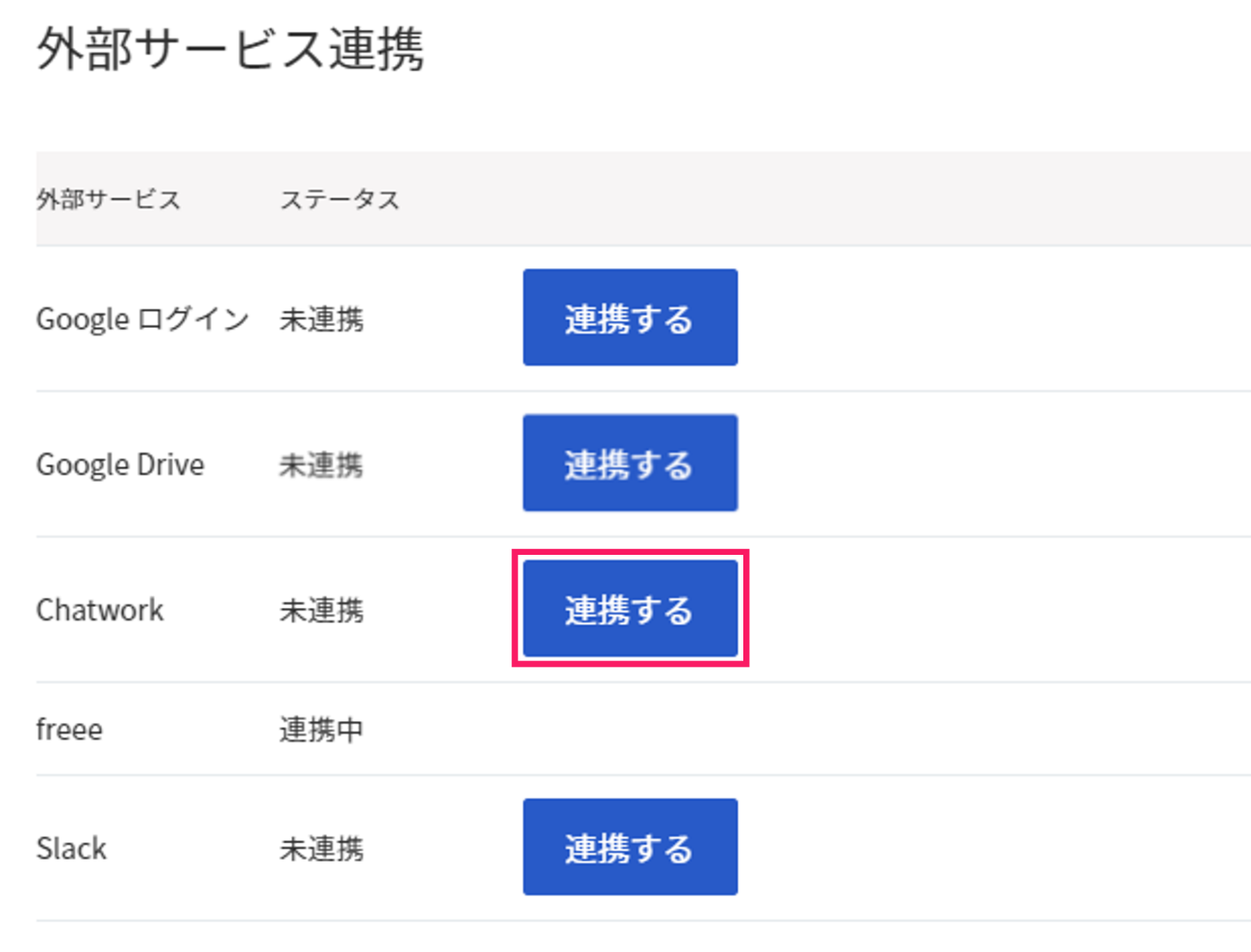 外部サービス連携画面で［連携する］ボタンを指し示しているスクリーンショット