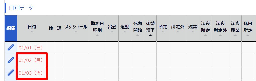 タイムカード画面の赤文字で表示された日付を指し示しているスクリーンショット