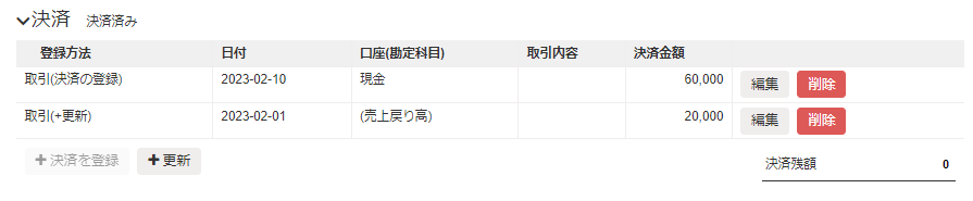 ＋更新後の未決済を登録後のスクリーンショット