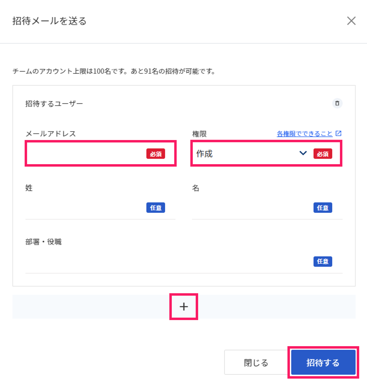 招待メールを送る画面でメールアドレス欄、権限項目、［＋］ボタン、招待するボタンを指し示しているスクリーンショット