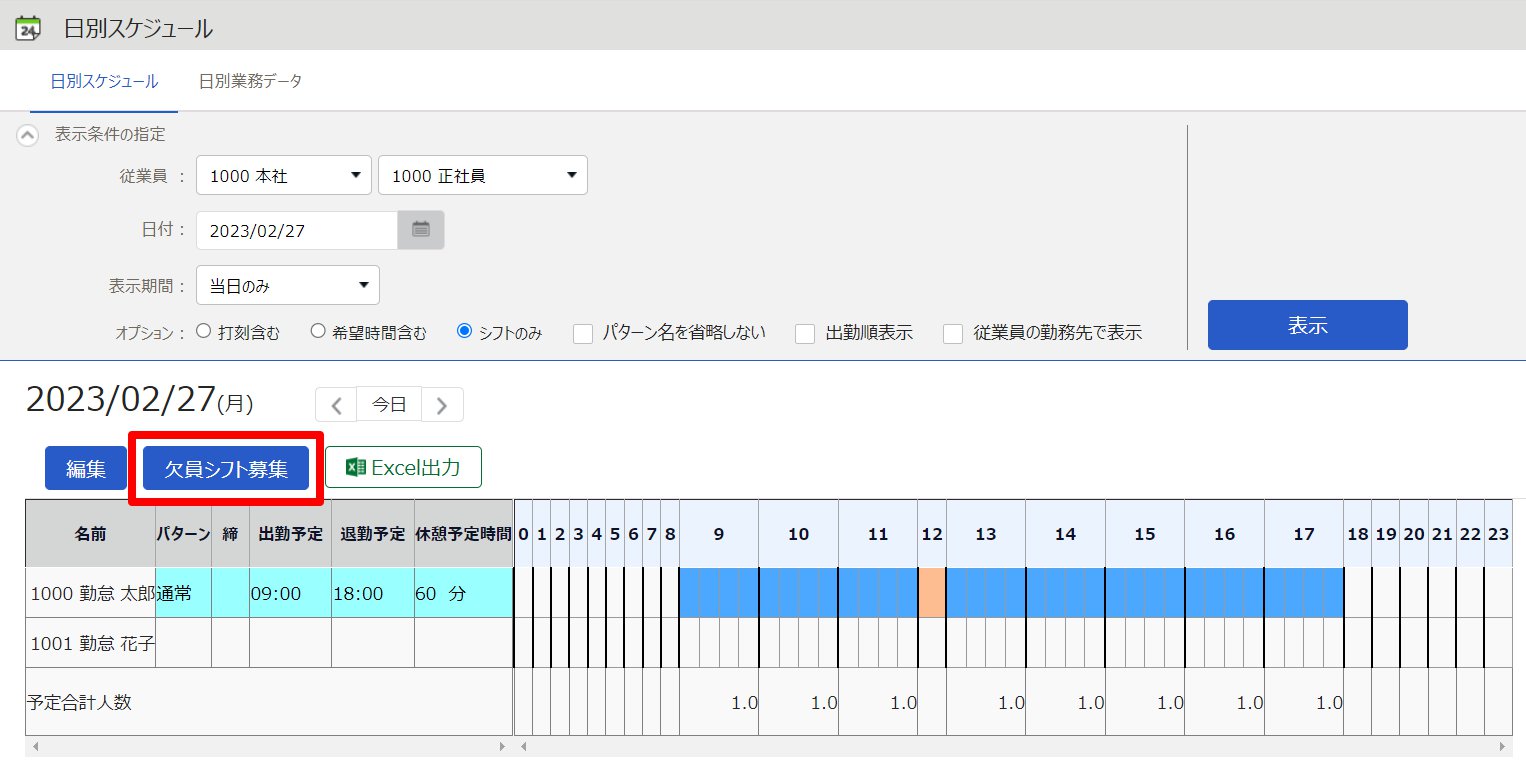 日別スケジュール画面の［欠員シフト募集］を指し示しているスクリーンショット