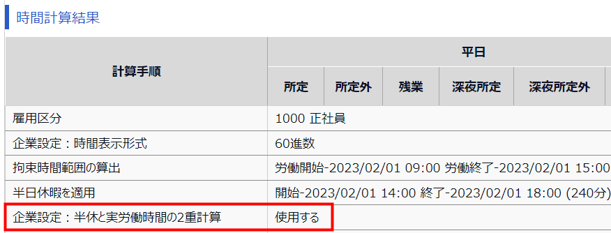 勤務データ編集画面の時間計算結果の「企業設定：半休と実労働時間の2重計算」を指し示しているスクリーンショット