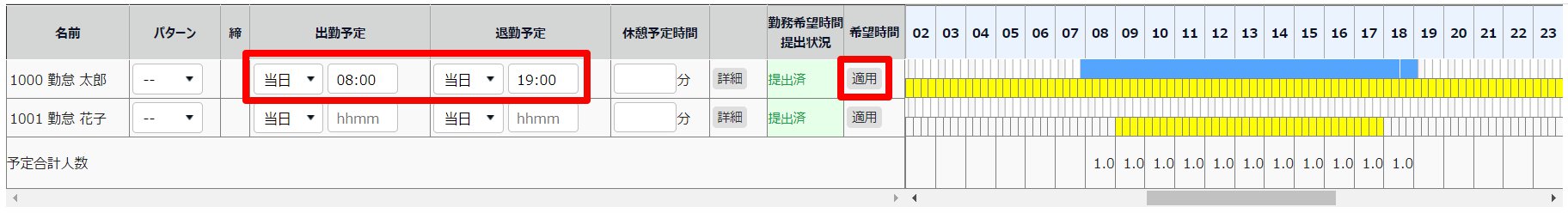 日別スケジュール登録画面で「出勤予定」と「退勤予定」と［適用］ボタンを指し示しているスクリーンショット