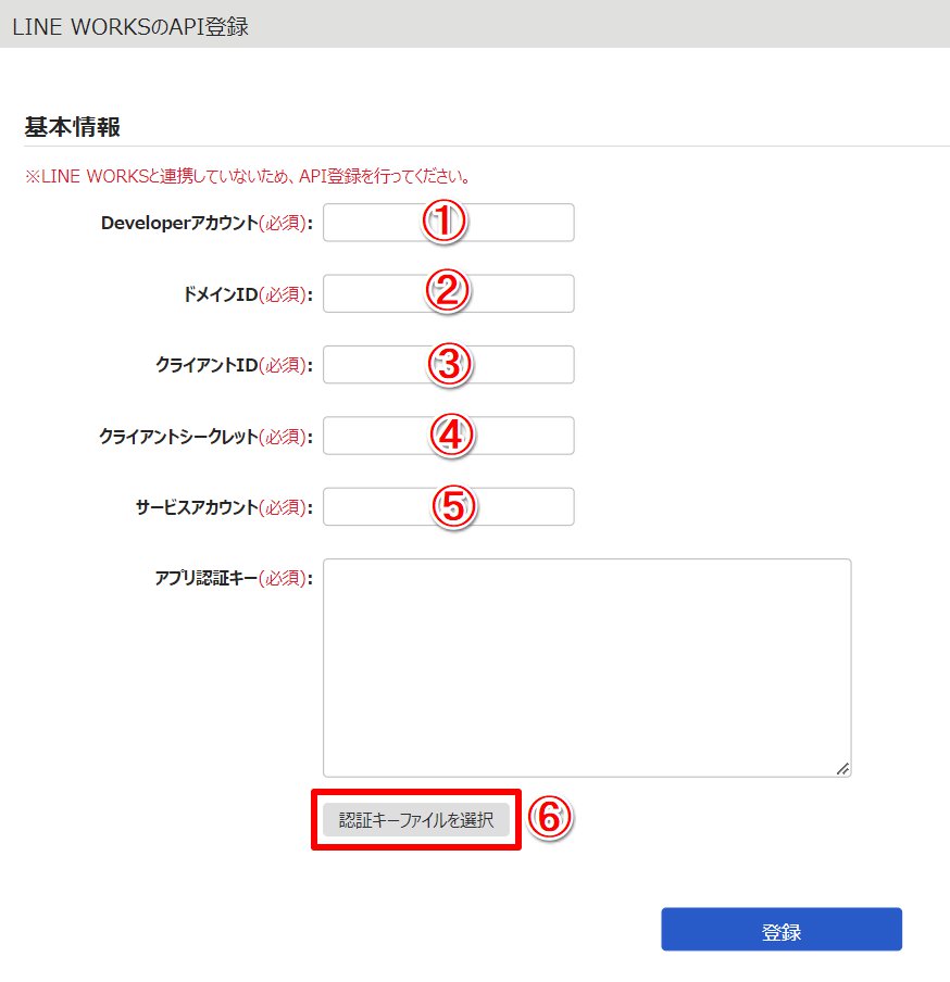 LINE WORKSのAPI登録画面のスクリーンショット