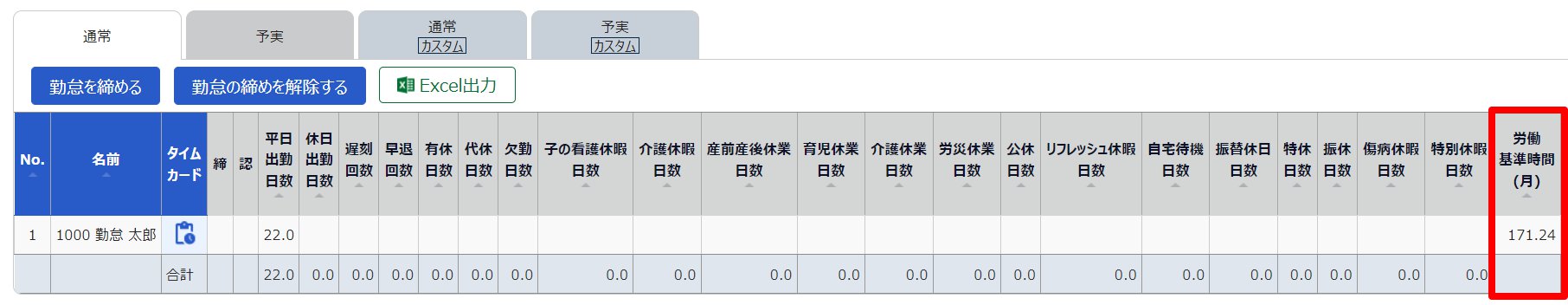月別データ画面の「労働基準時間(月)」列を指し示しているスクリーンショット