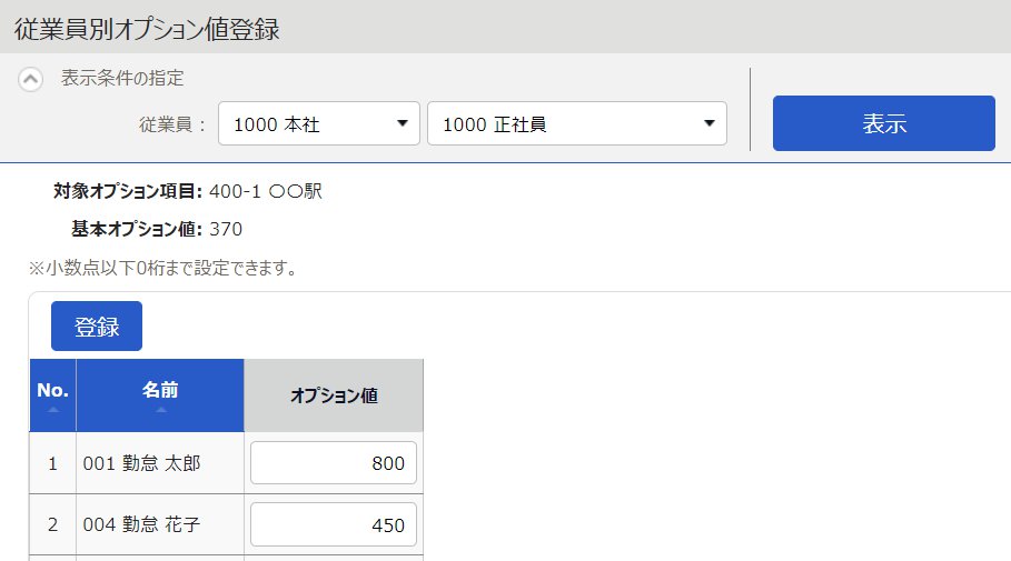従業員別オプション値登録画面のスクリーンショット