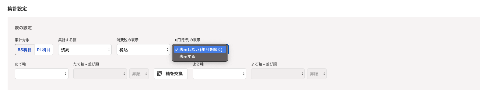 「集計設定」欄の「0円行/列の表示」項目を示したスクリーンショット