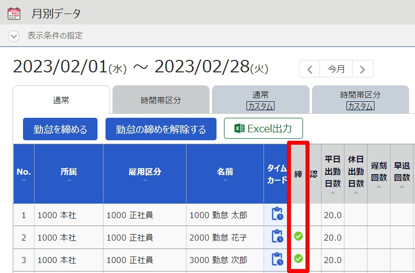 月別データ画面の「締」欄を指し示しているスクリーンショット