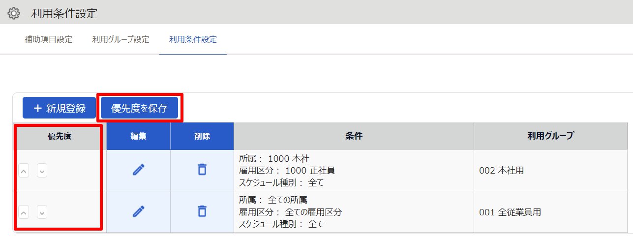 利用条件設定画面の優先度欄と［優先度を保存］を指し示しているスクリーンショット