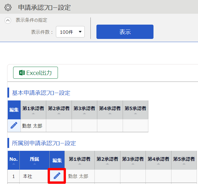 申請承認フロー設定画面の［編集］を指し示しているスクリーンショット