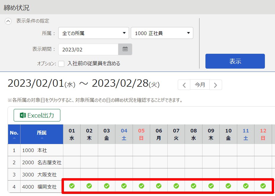 締め状況画面のチェックマークを指し示しているスクリーンショット