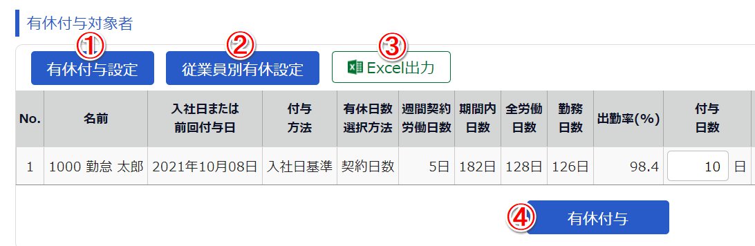 有休付与対象者画面のスクリーンショット