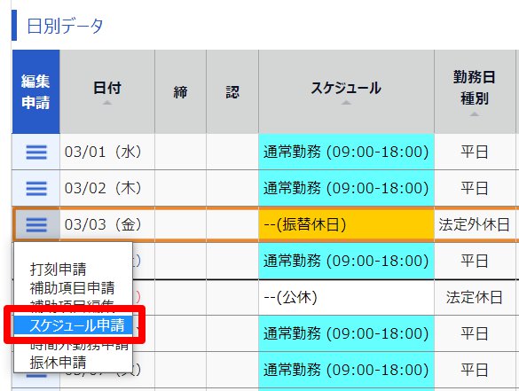 タイムカード画面の［スケジュール申請］を指し示しているスクリーンショット