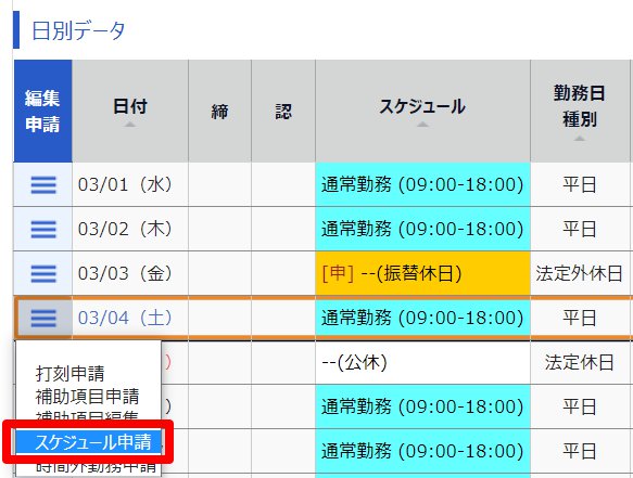 タイムカード画面の［スケジュール申請］を指し示しているスクリーンショット