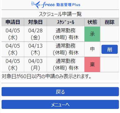 スケジュール申請一覧画面のスクリーンショット