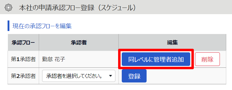 申請承認フロー登録画面の［同レベルに管理者追加］を指し示しているスクリーンショット