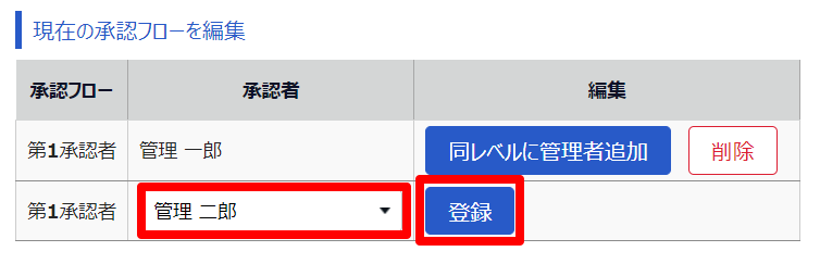 申請承認フロー登録画面の［登録］を指し示しているスクリーンショット