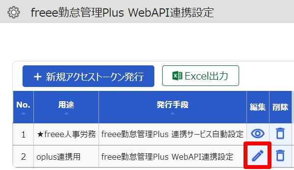 freee勤怠管理Plus WebAPI連携設定画面の［編集］を指し示しているスクリーンショット