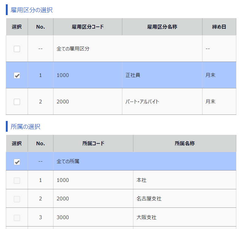 アラート登録画面の「対象所属」と「対象雇用区分」部分のスクリーンショット