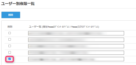 ユーザー別権限一覧で削除を行いたいユーザーのチェックボックスを指し示しているスクリーンショット