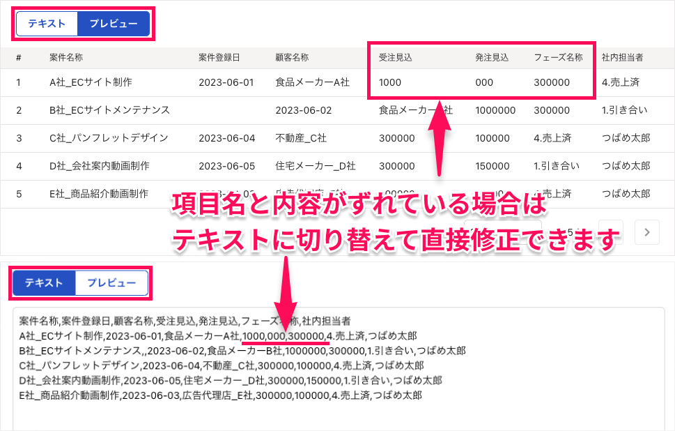 [テキスト][プレビュー]ボタンを指し示すスクリーンショット