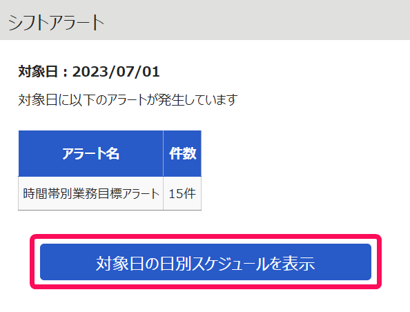 シフトアラート画面の［対象日の日別スケジュールを表示］を指し示しているスクリーンショット