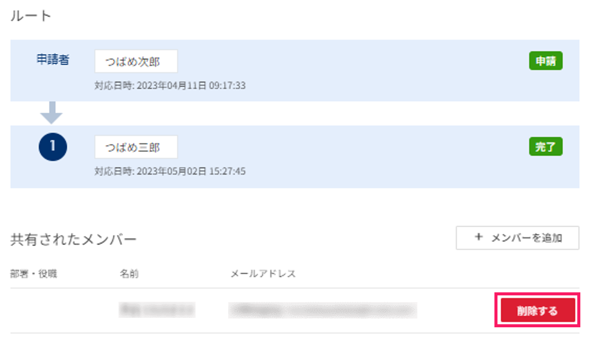 ワークフロー詳細画面で［削除する］ボタンを指し示すスクリーンショット