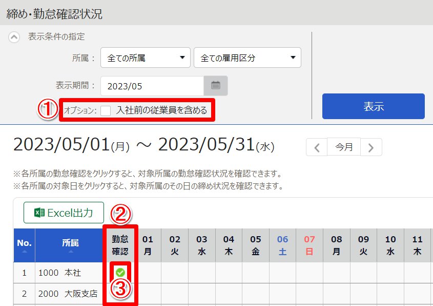 締め・勤怠確認状況画面のスクリーンショット