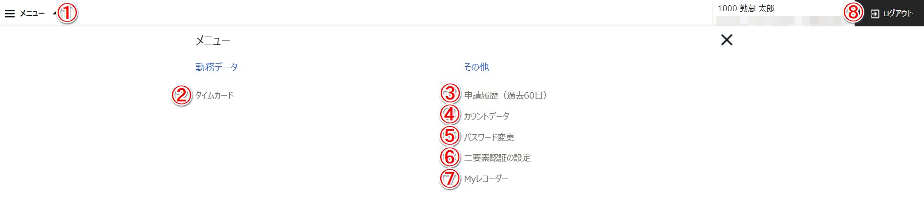 従業員の「メニュー」一覧画面のスクリーンショット