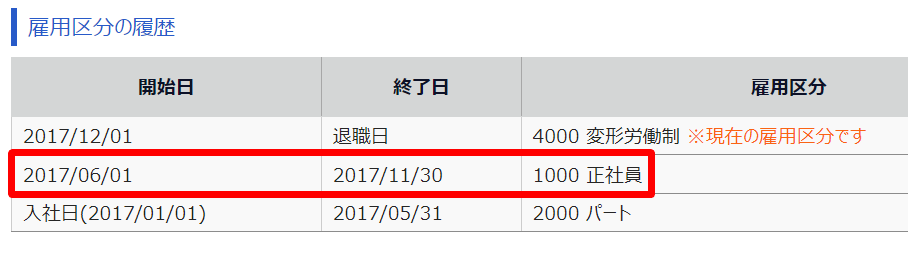 雇用区分の履歴のスクリーンショット