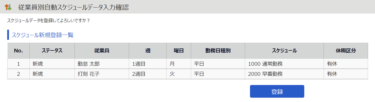 従業員別自動スケジュールデータ入力確認画面のスクリーンショット