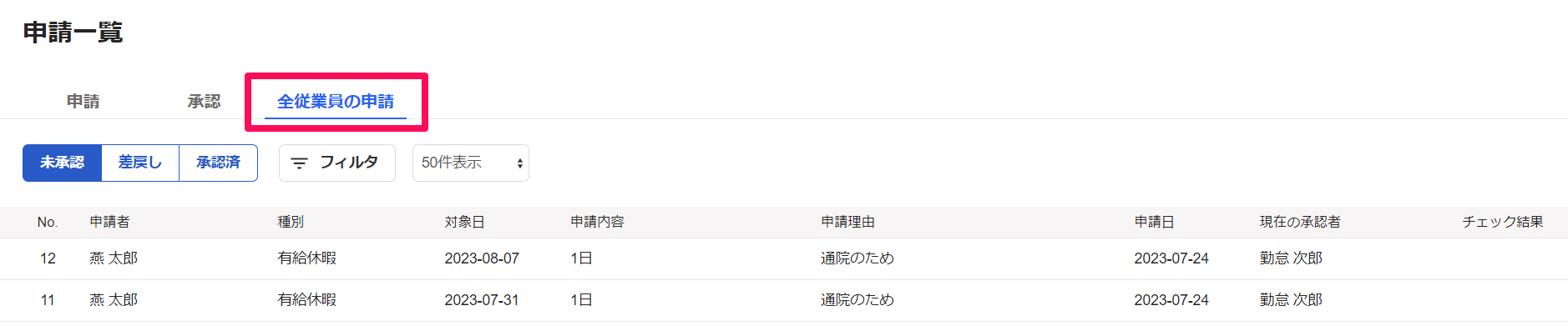 申請一覧画面の［全従業員の申請］タブを指し示しているスクリーンショット